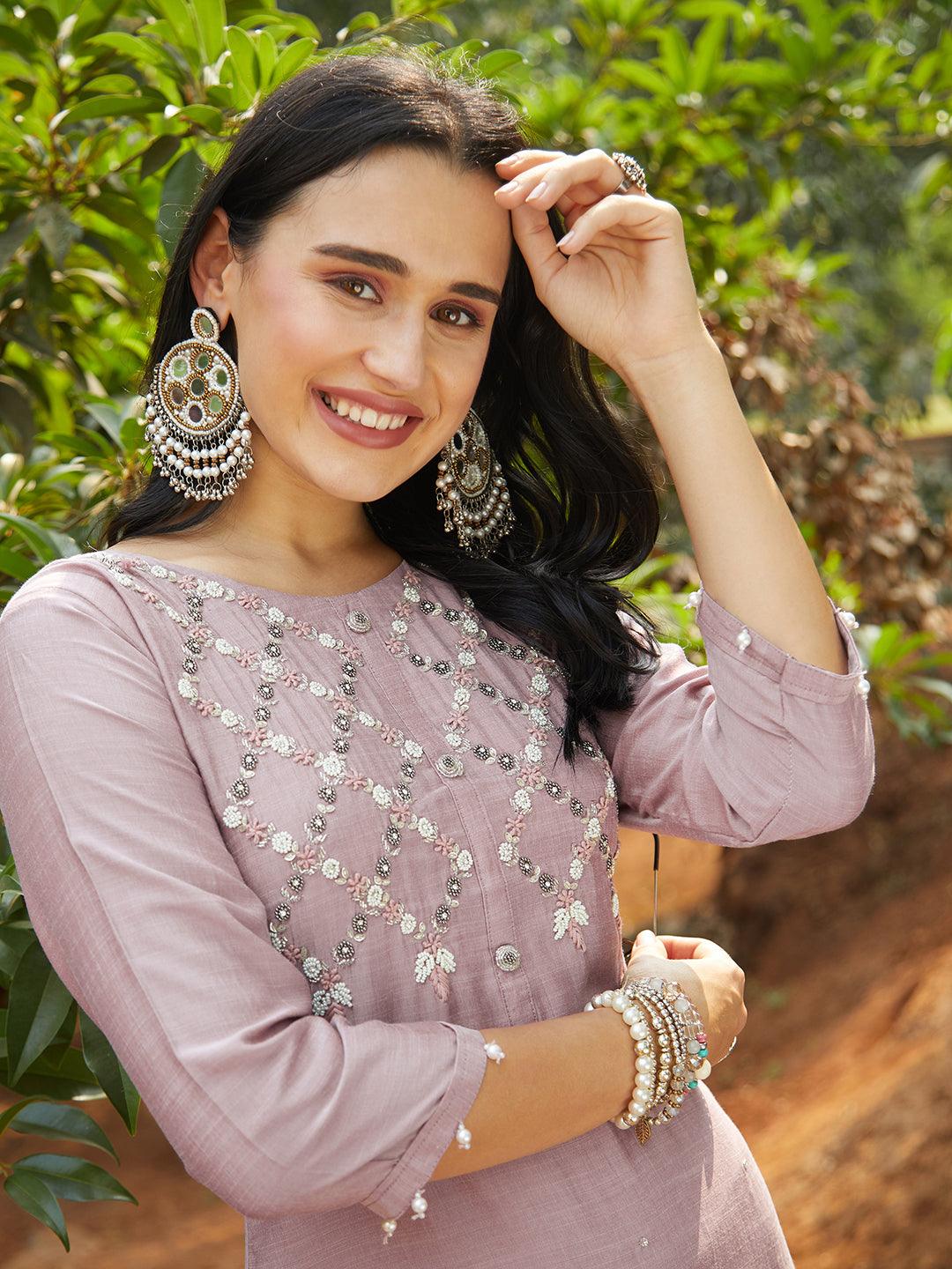 Ethnic Hand Embroidered Straight Fit Kurta – Mauve - Indiakreations