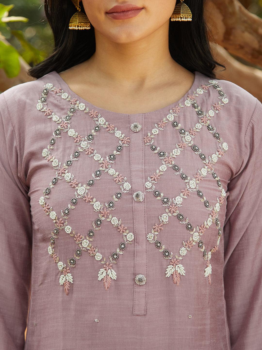 Ethnic Hand Embroidered Straight Fit Kurta – Mauve - Indiakreations