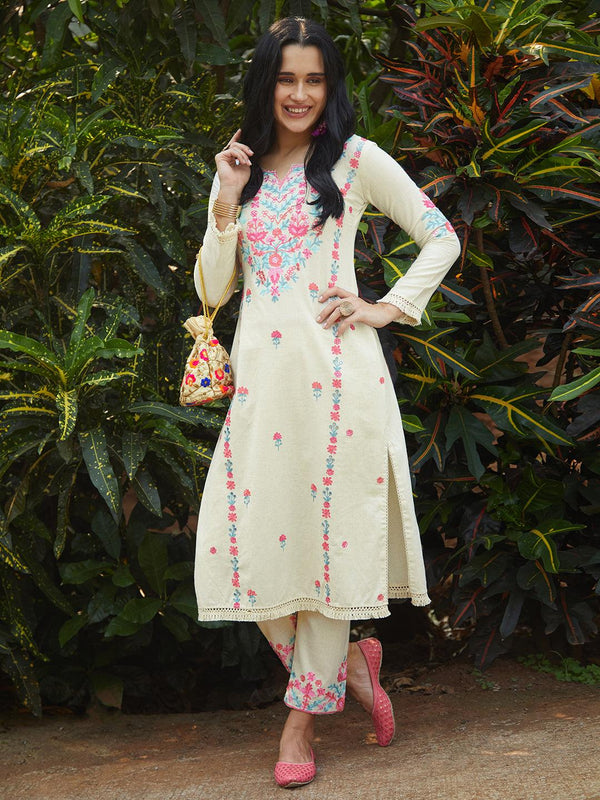 Floral Embroidered Straight Fit Kurta with Pant - Off White - Indiakreations