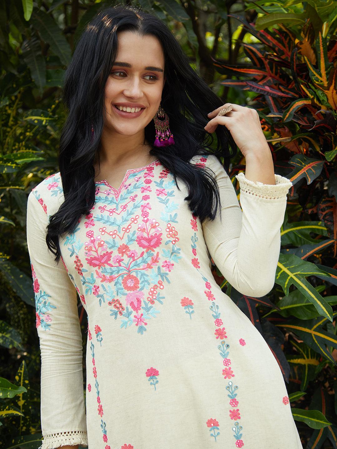 Floral Embroidered Straight Fit Kurta with Pant - Off White - Indiakreations