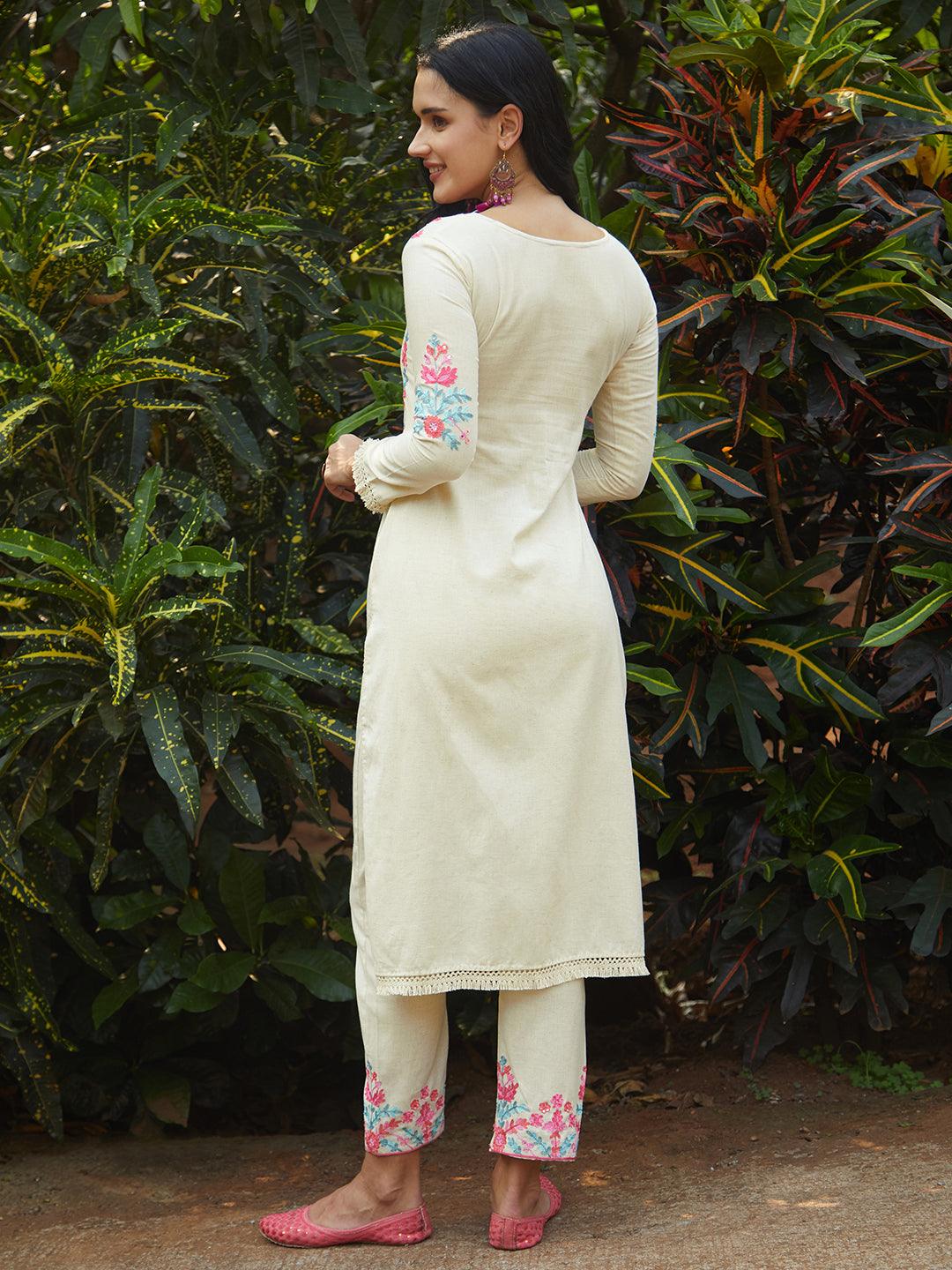 Floral Embroidered Straight Fit Kurta with Pant - Off White - Indiakreations