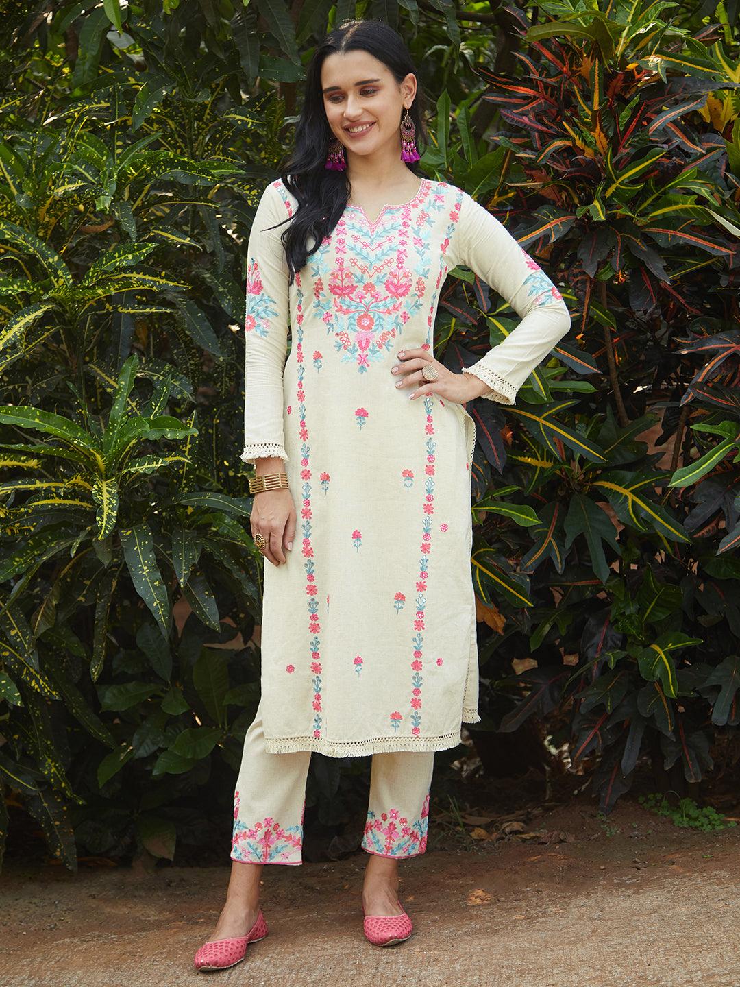 Floral Embroidered Straight Fit Kurta with Pant - Off White - Indiakreations