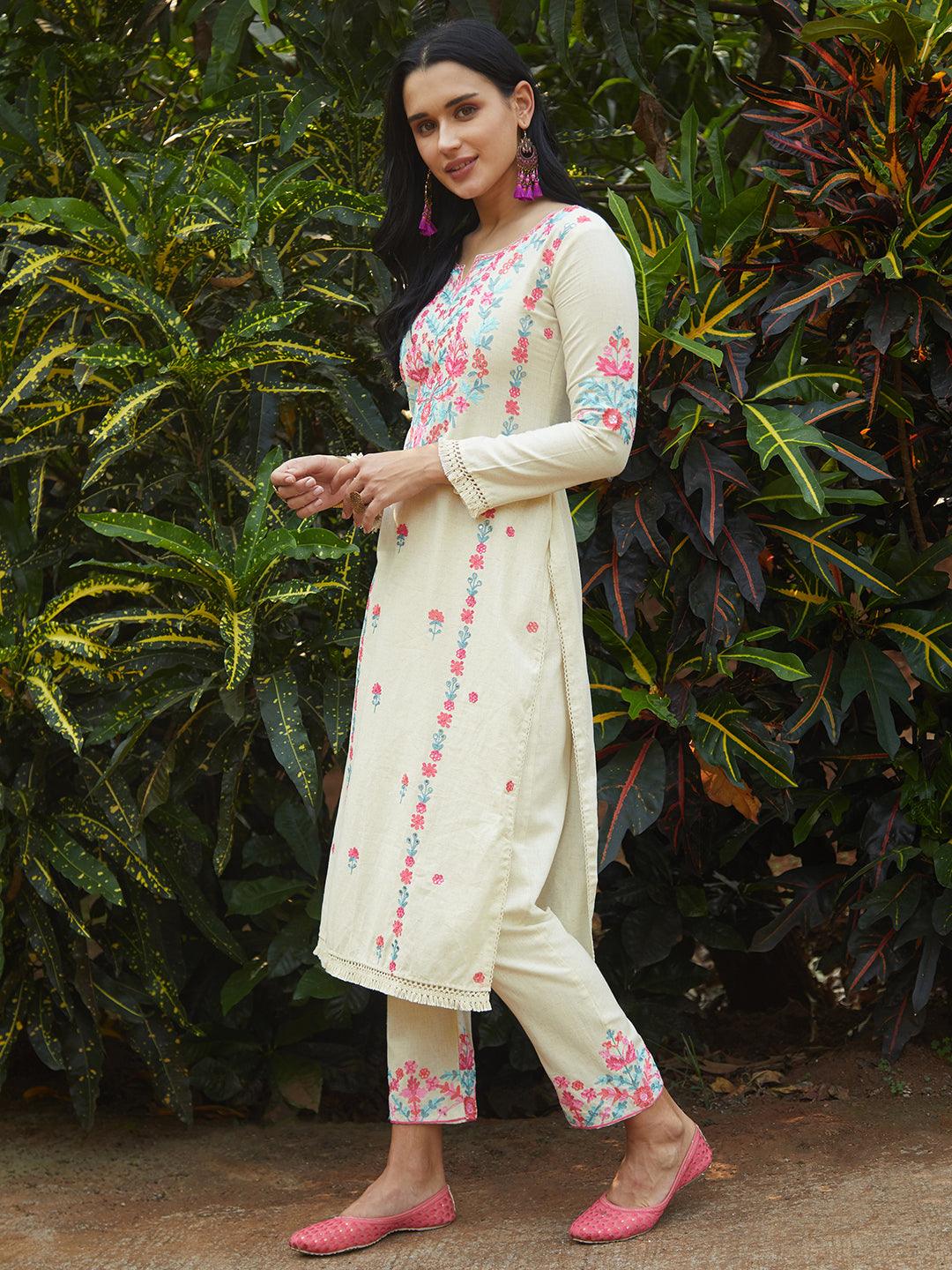 Floral Embroidered Straight Fit Kurta with Pant - Off White - Indiakreations