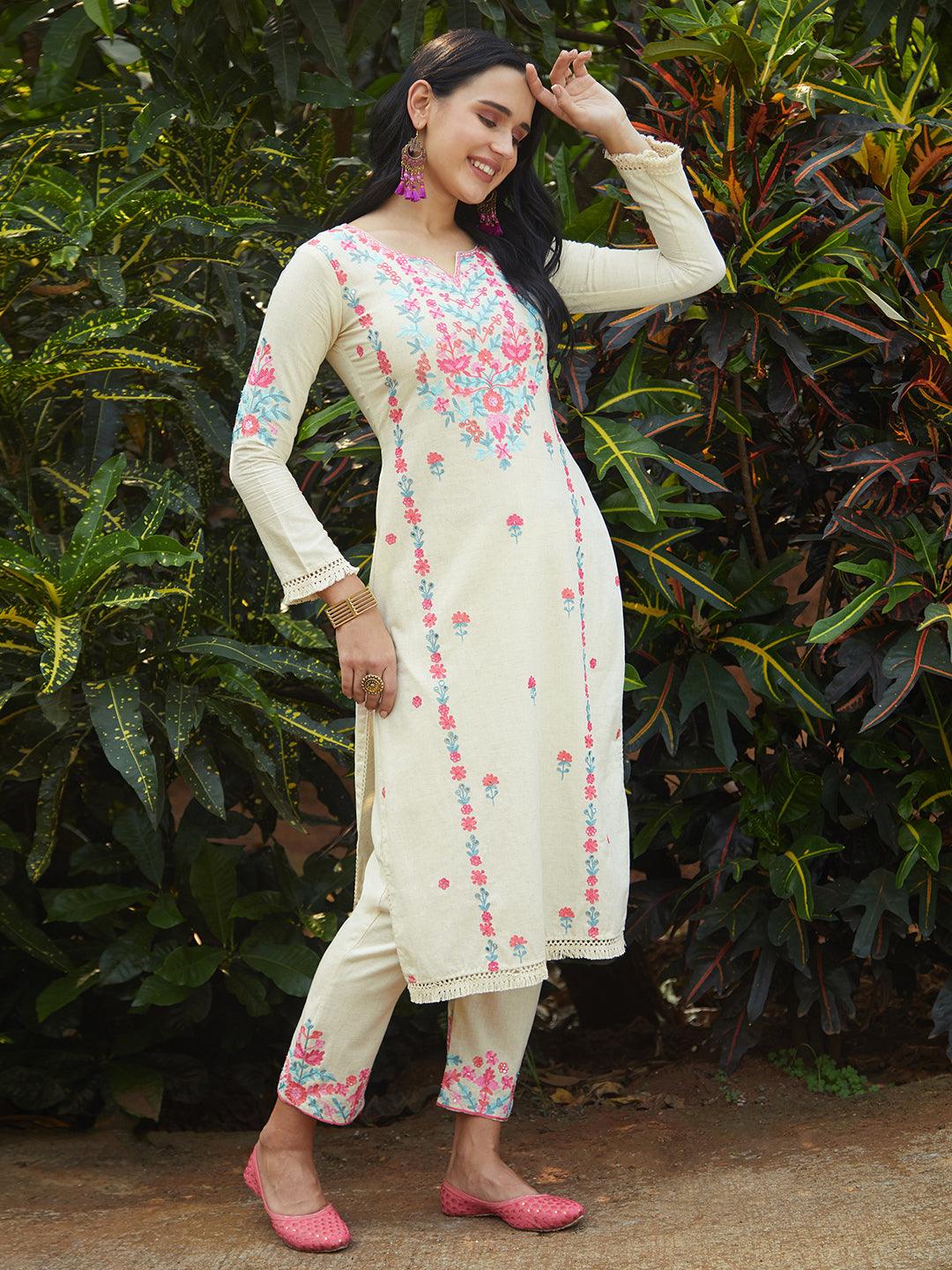 Floral Embroidered Straight Fit Kurta with Pant - Off White - Indiakreations