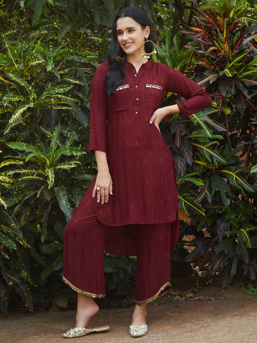 Ethnic Embroidered Co-ord Set - Maroon - Indiakreations