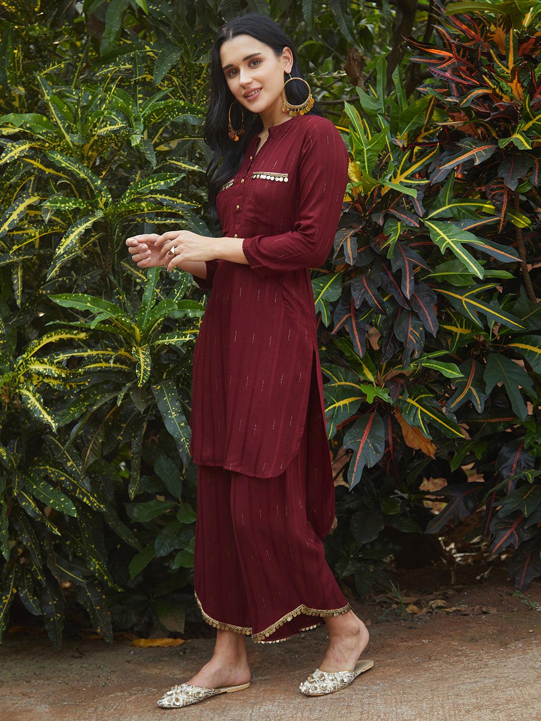 Ethnic Embroidered Co-ord Set - Maroon - Indiakreations