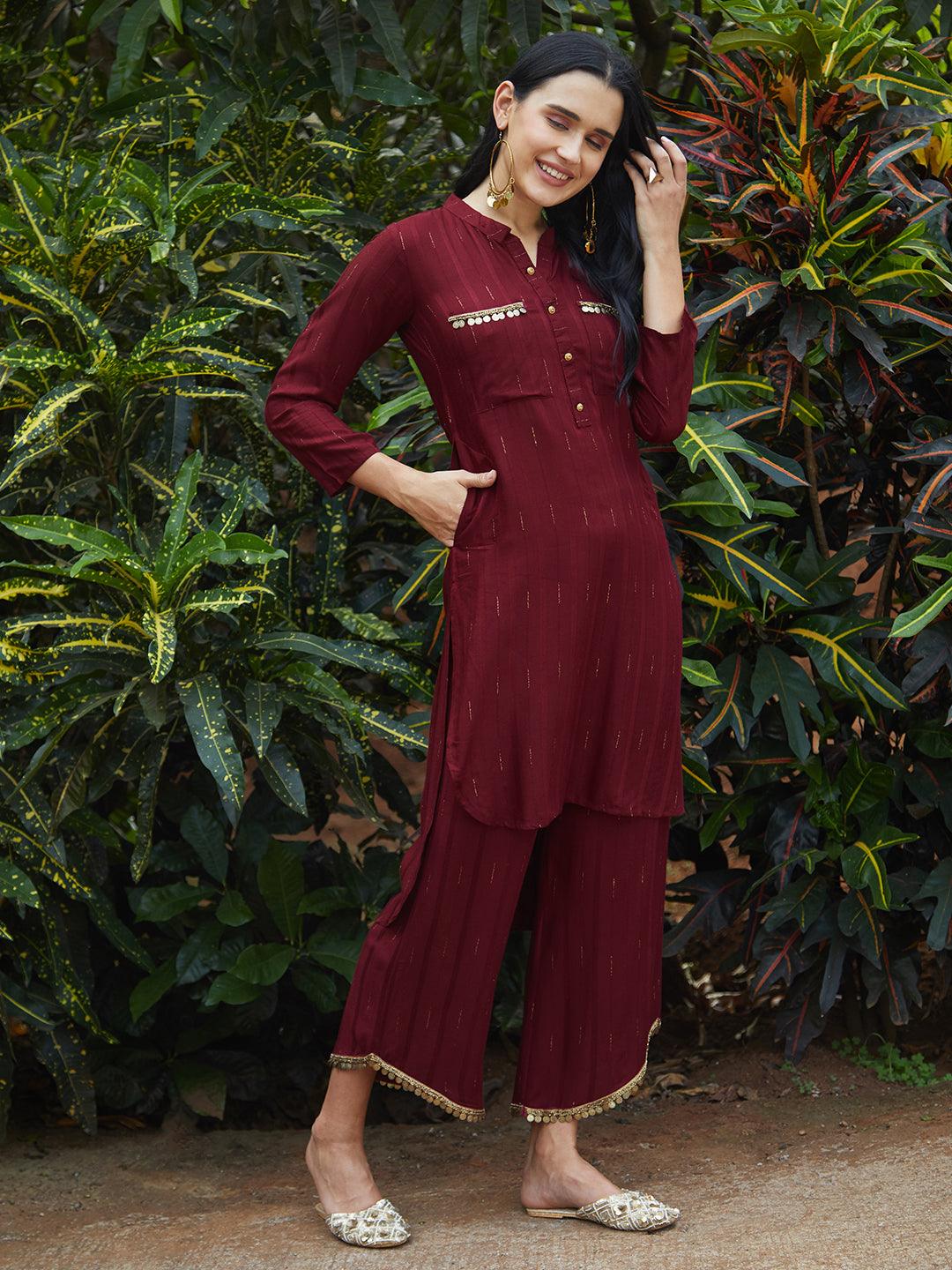 Ethnic Embroidered Co-ord Set - Maroon - Indiakreations