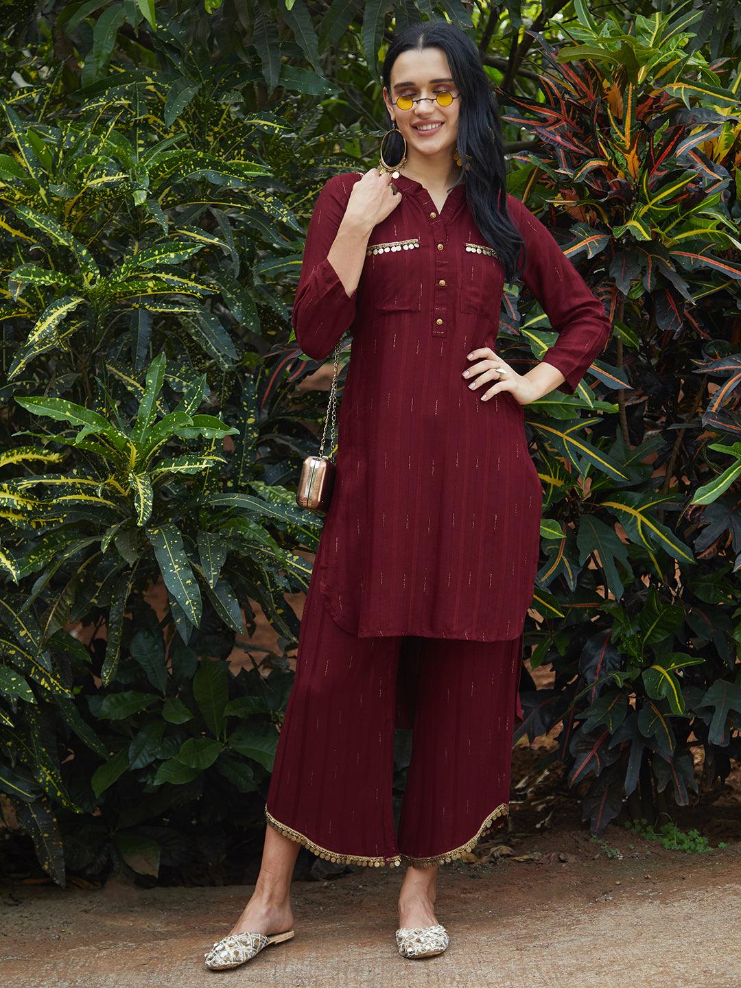 Ethnic Embroidered Co-ord Set - Maroon - Indiakreations