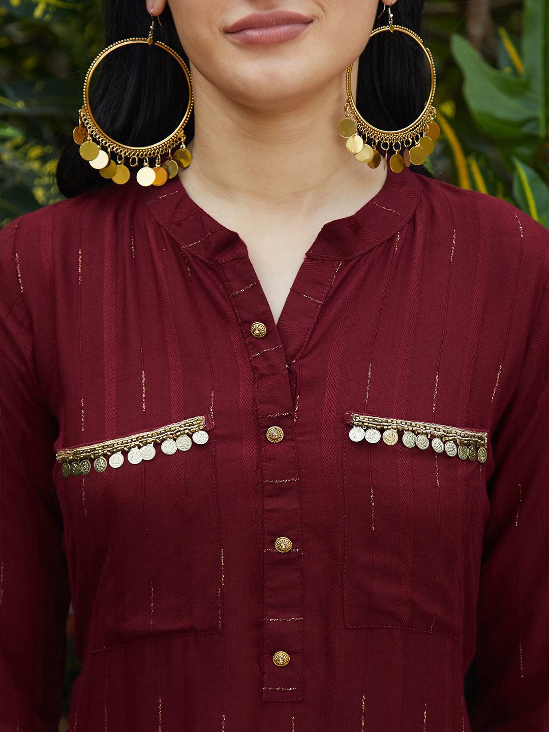 Ethnic Embroidered Co-ord Set - Maroon - Indiakreations