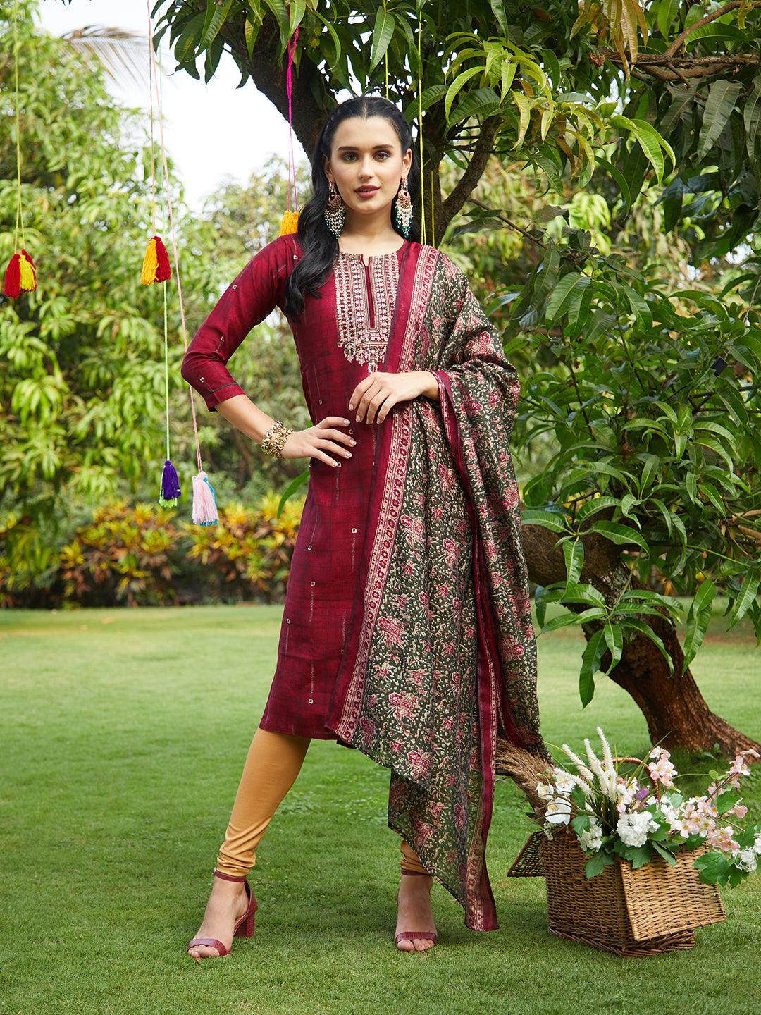 Ethnic Printed & Embroidered Straight Fit Kurta & Dupatta - Maroon - Indiakreations