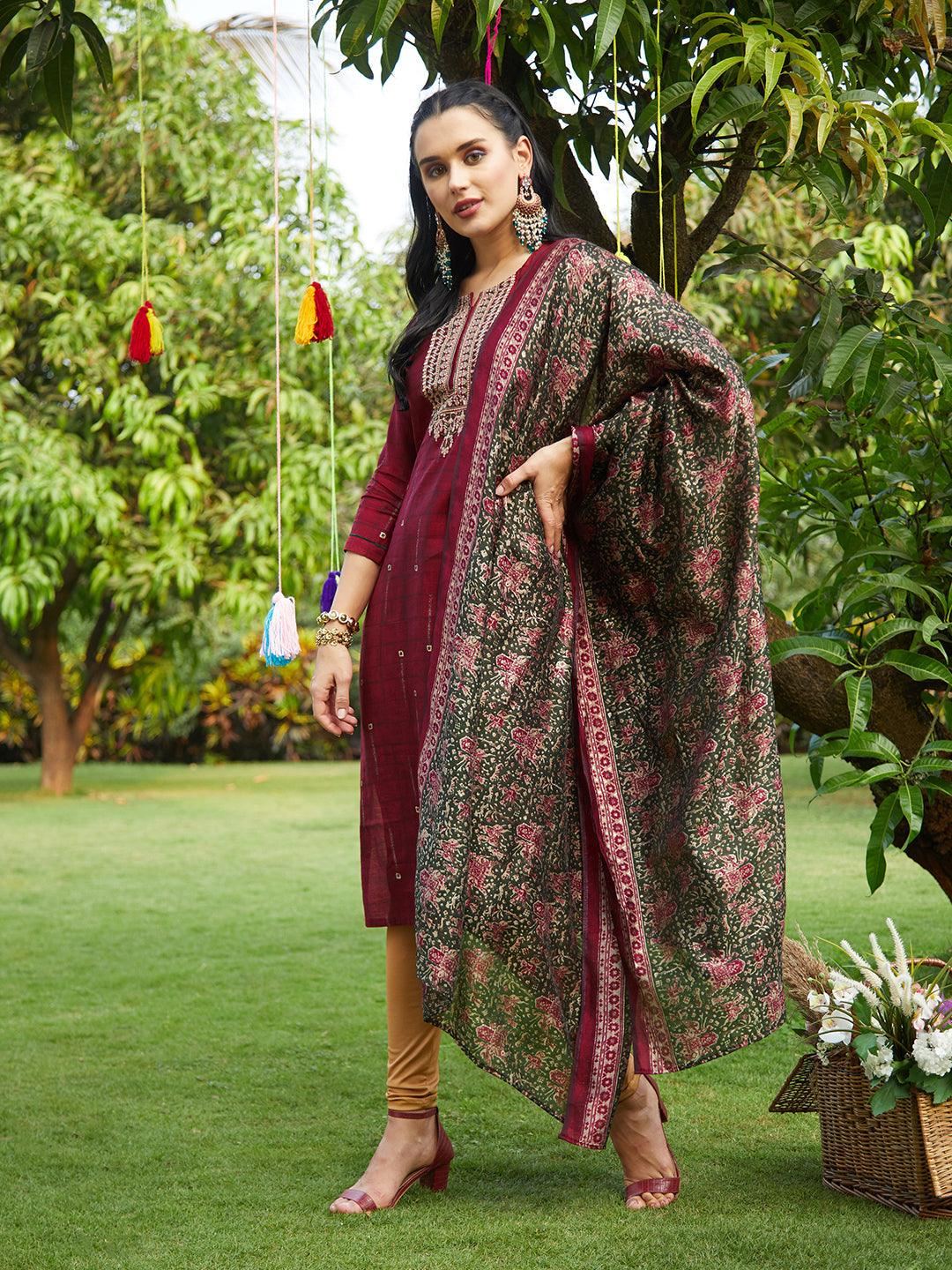 Ethnic Printed & Embroidered Straight Fit Kurta & Dupatta - Maroon - Indiakreations