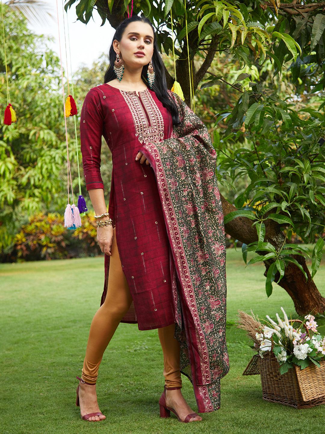 Ethnic Printed & Embroidered Straight Fit Kurta & Dupatta - Maroon - Indiakreations