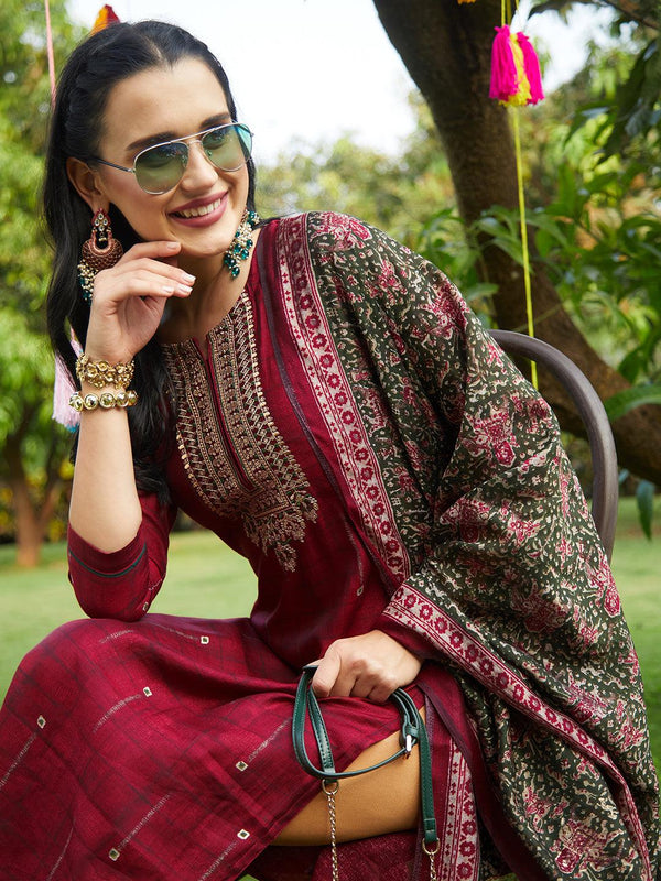 Ethnic Printed & Embroidered Straight Fit Kurta & Dupatta - Maroon - Indiakreations