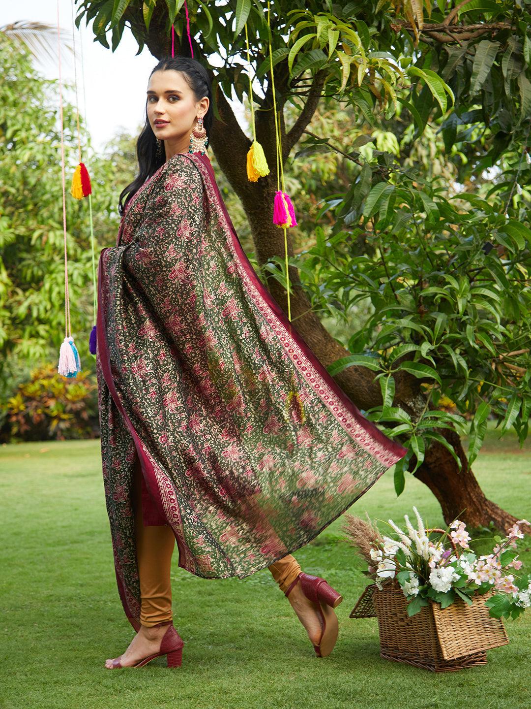 Ethnic Printed & Embroidered Straight Fit Kurta & Dupatta - Maroon - Indiakreations