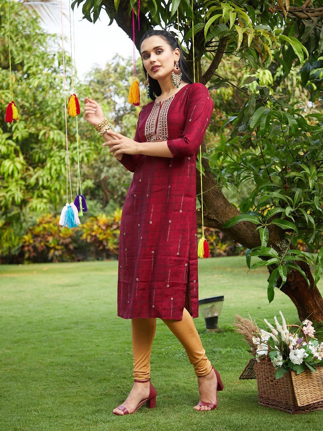 Ethnic Printed & Embroidered Straight Fit Kurta & Dupatta - Maroon - Indiakreations