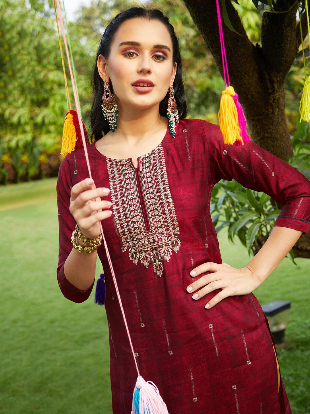 Ethnic Printed & Embroidered Straight Fit Kurta & Dupatta - Maroon - Indiakreations