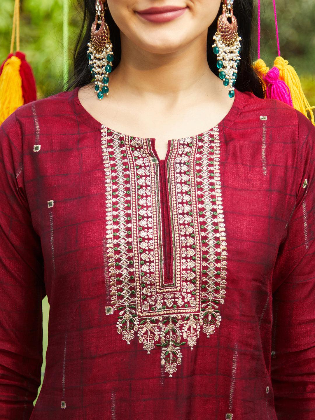 Ethnic Printed & Embroidered Straight Fit Kurta & Dupatta - Maroon - Indiakreations