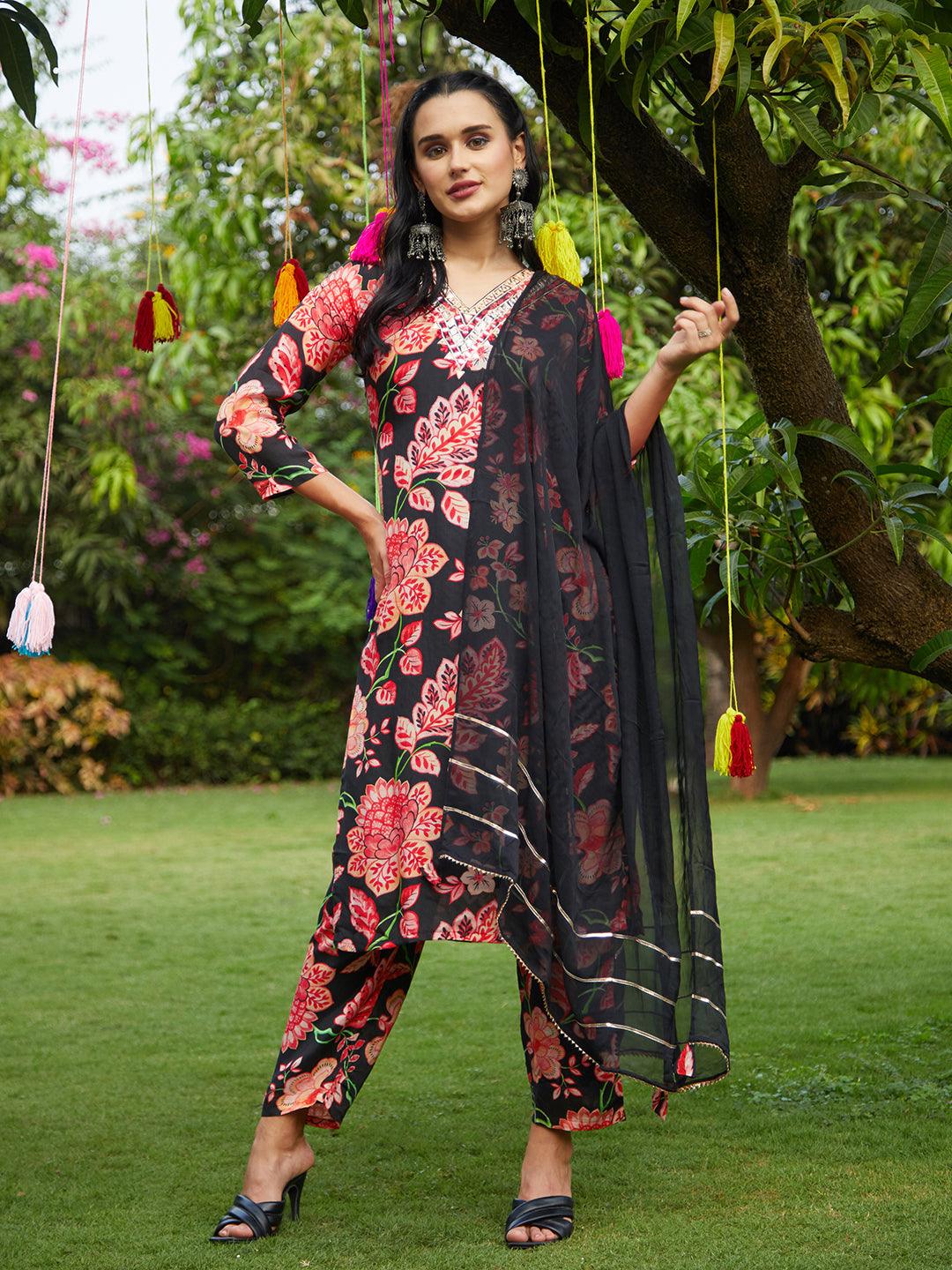 Floral Printed & Embroidered Straight Kurta with Pant & Dupatta - Black - Indiakreations