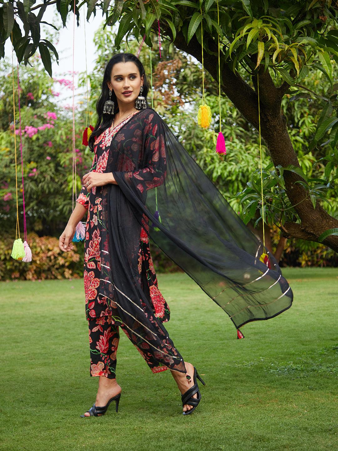 Floral Printed & Embroidered Straight Kurta with Pant & Dupatta - Black - Indiakreations