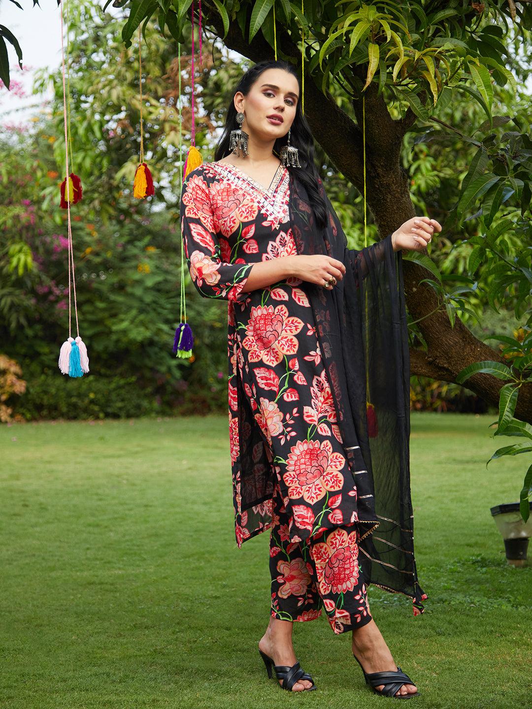 Floral Printed & Embroidered Straight Kurta with Pant & Dupatta - Black - Indiakreations