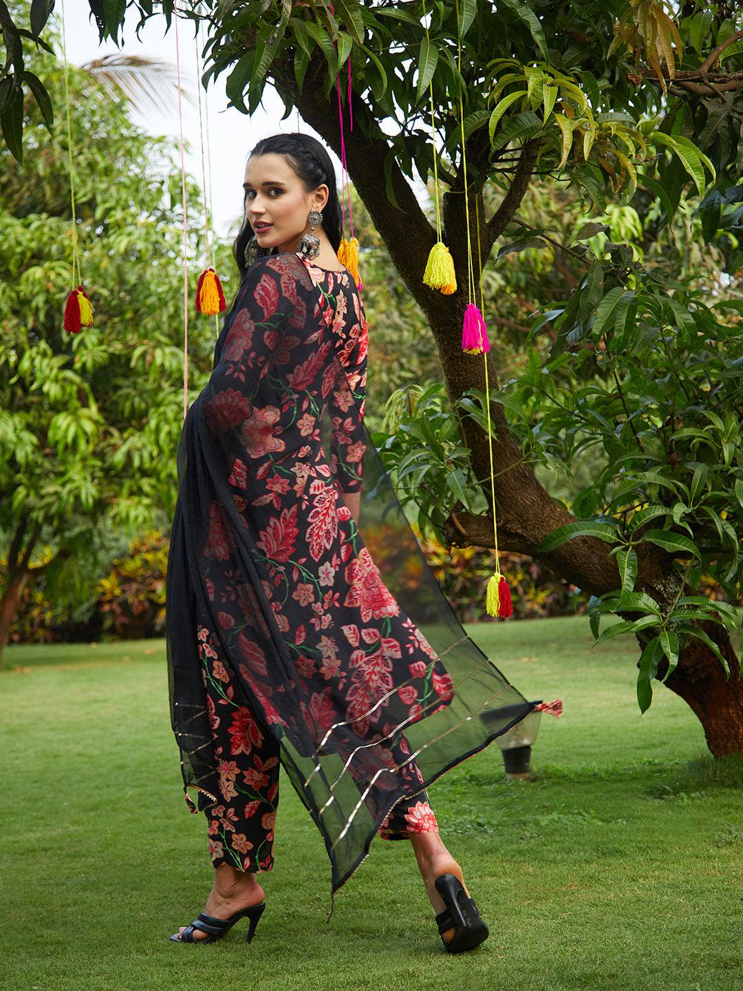 Floral Printed & Embroidered Straight Kurta with Pant & Dupatta - Black - Indiakreations