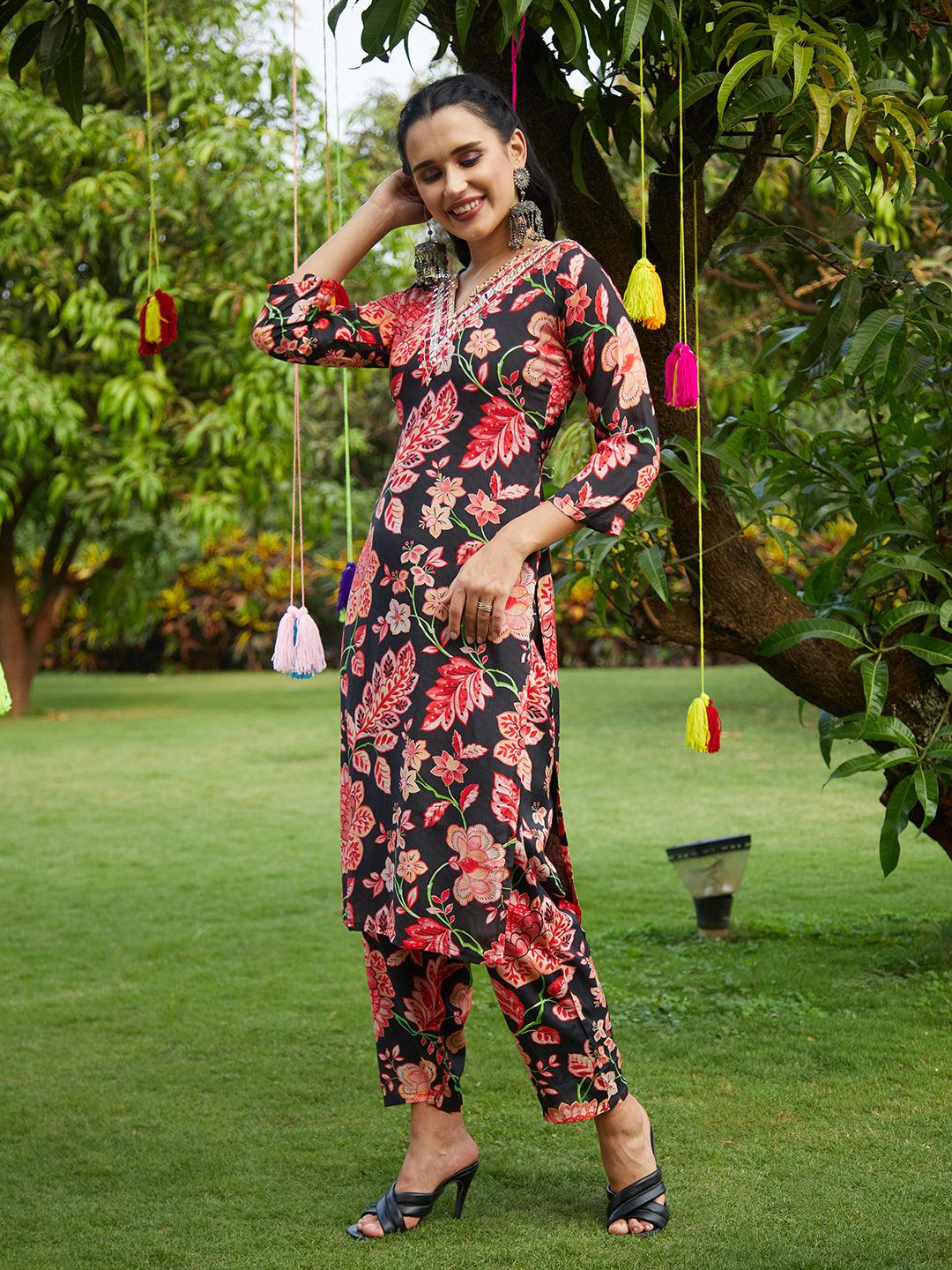 Floral Printed & Embroidered Straight Kurta with Pant & Dupatta - Black - Indiakreations