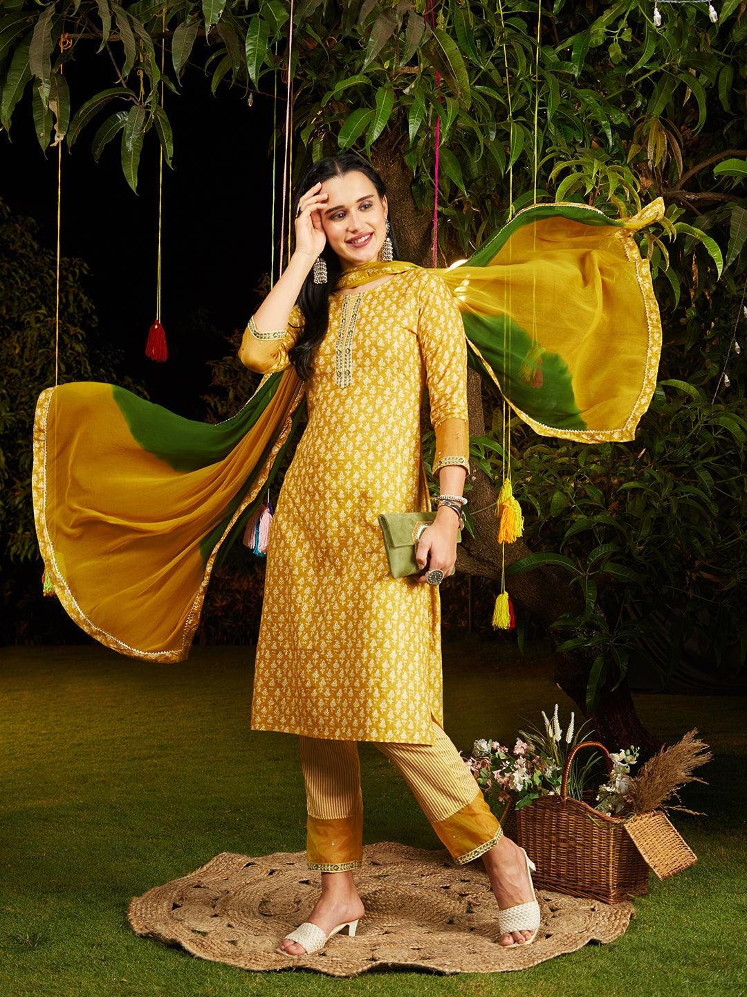 Ethnic Printed & Embroidered Kurta with Pants & Dupatta - Yellow - Indiakreations