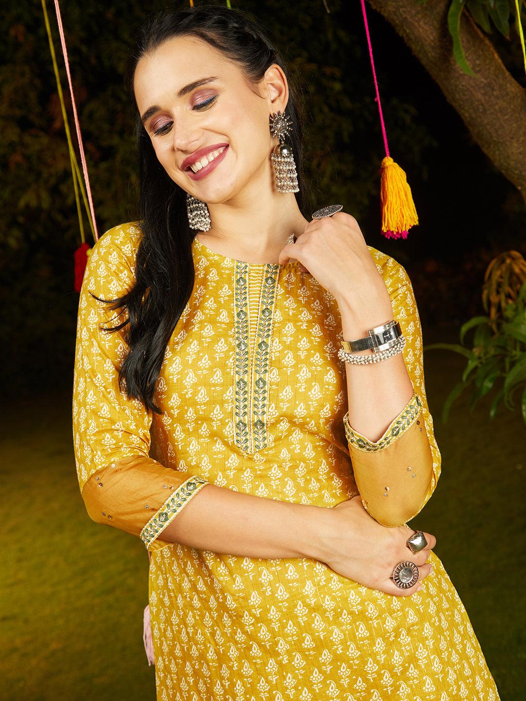 Ethnic Printed & Embroidered Kurta with Pants & Dupatta - Yellow - Indiakreations