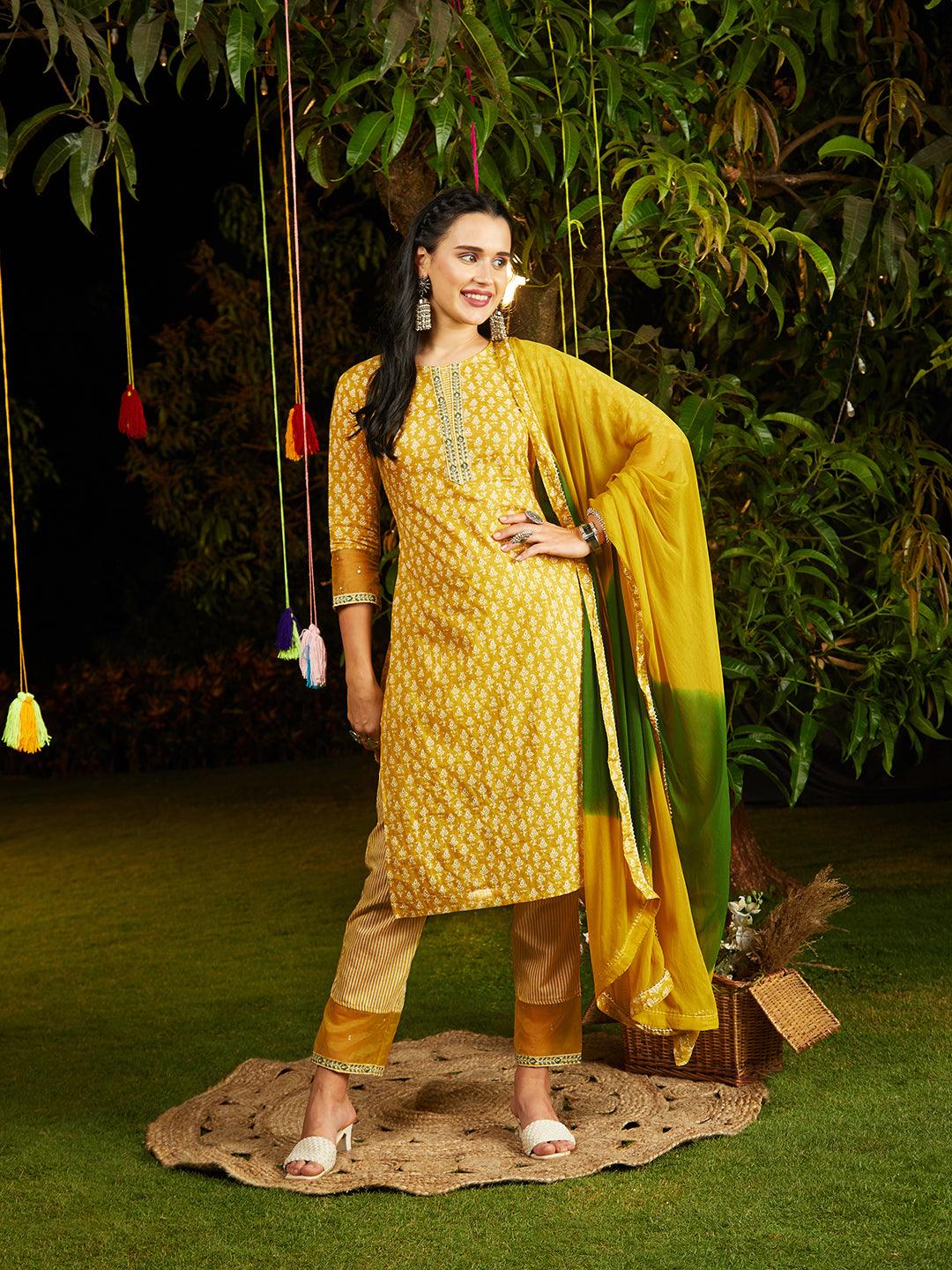 Ethnic Printed & Embroidered Kurta with Pants & Dupatta - Yellow - Indiakreations