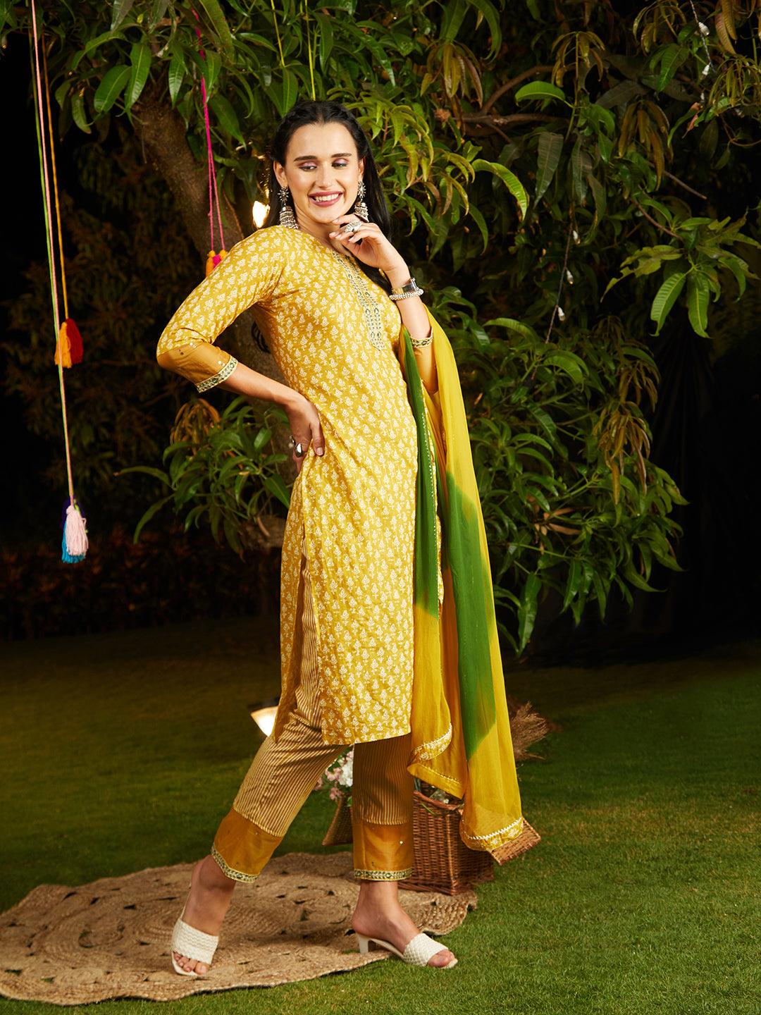 Ethnic Printed & Embroidered Kurta with Pants & Dupatta - Yellow - Indiakreations