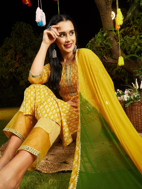 Ethnic Printed & Embroidered Kurta with Pants & Dupatta - Yellow - Indiakreations