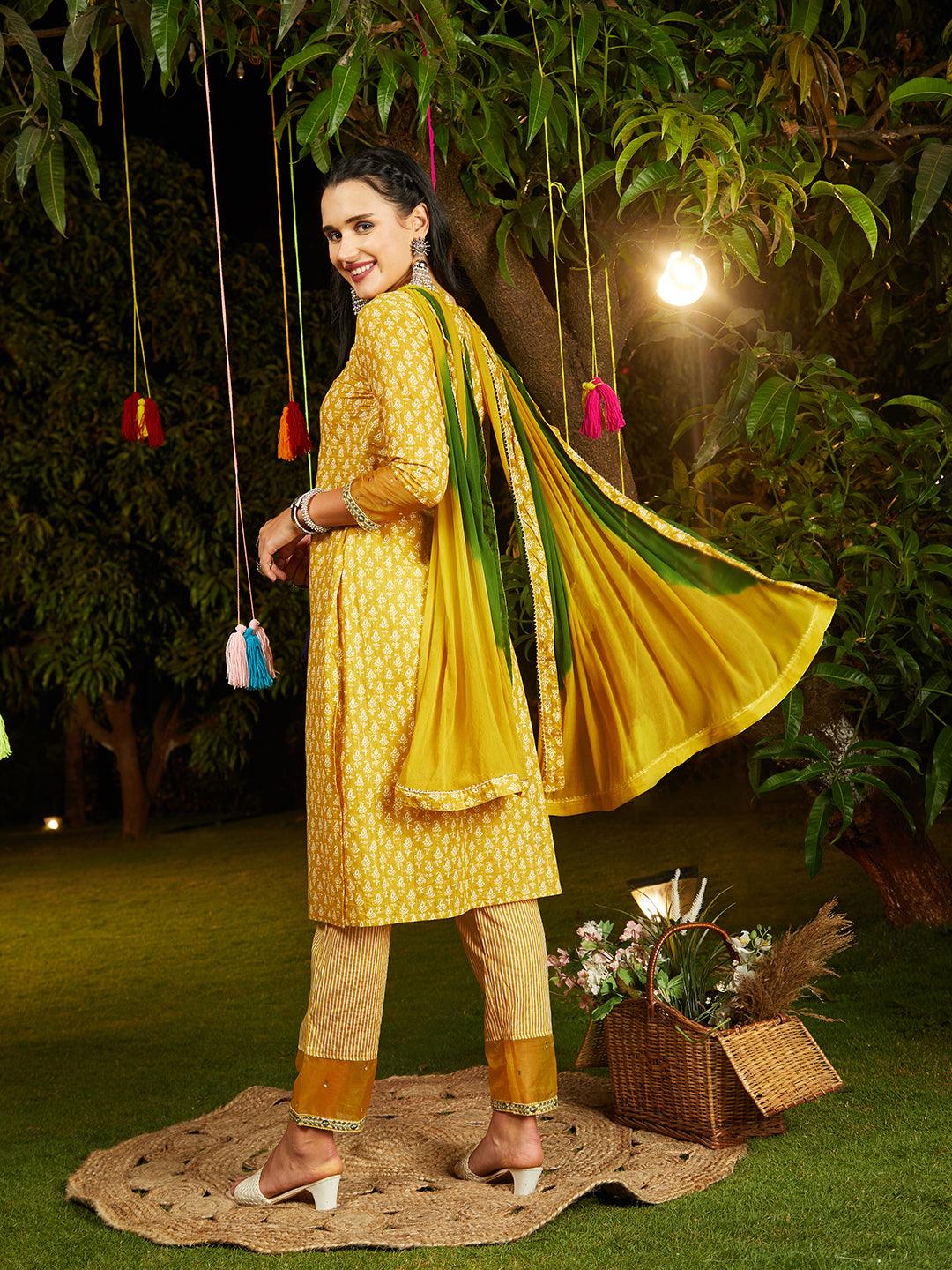 Ethnic Printed & Embroidered Kurta with Pants & Dupatta - Yellow - Indiakreations