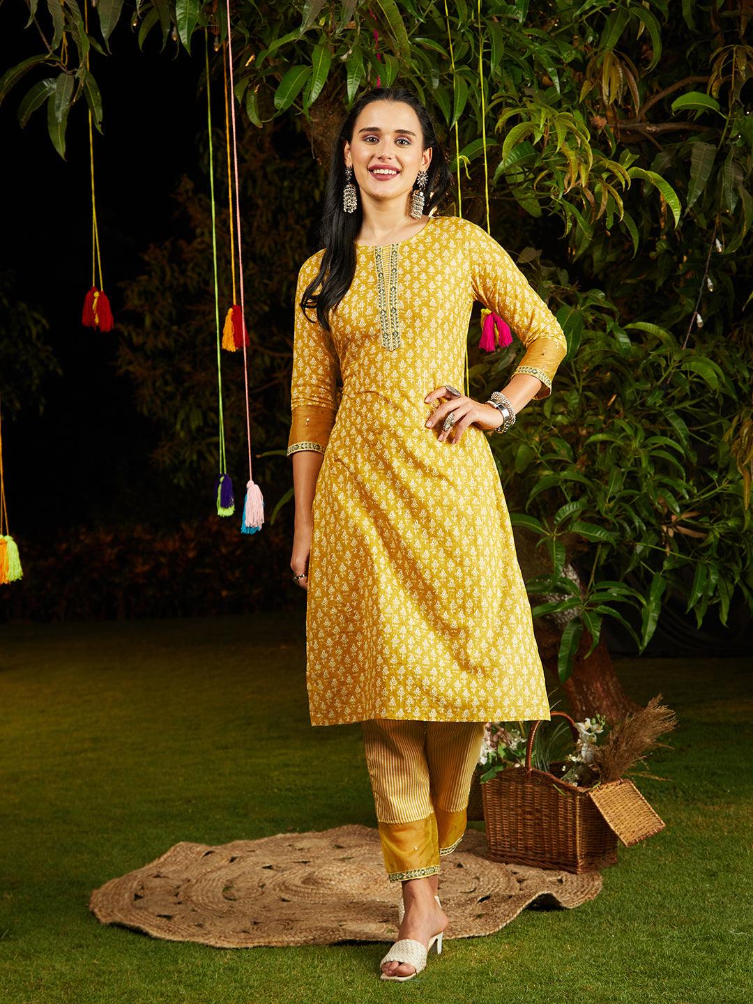 Ethnic Printed & Embroidered Kurta with Pants & Dupatta - Yellow - Indiakreations