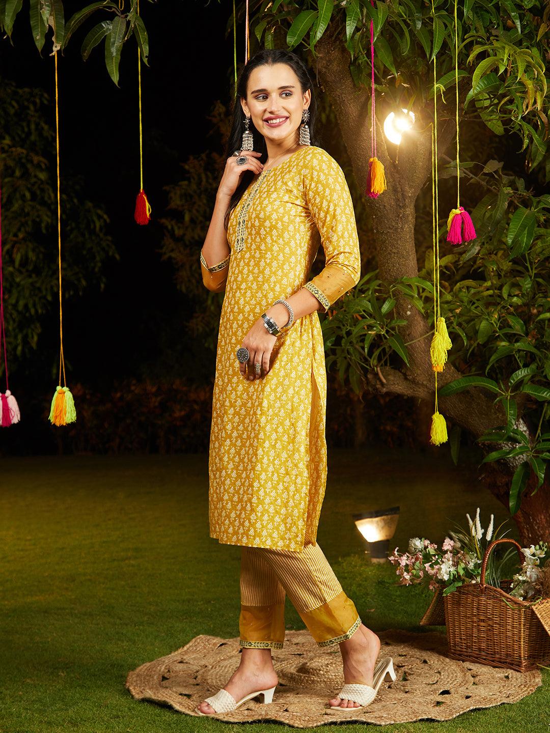 Ethnic Printed & Embroidered Kurta with Pants & Dupatta - Yellow - Indiakreations