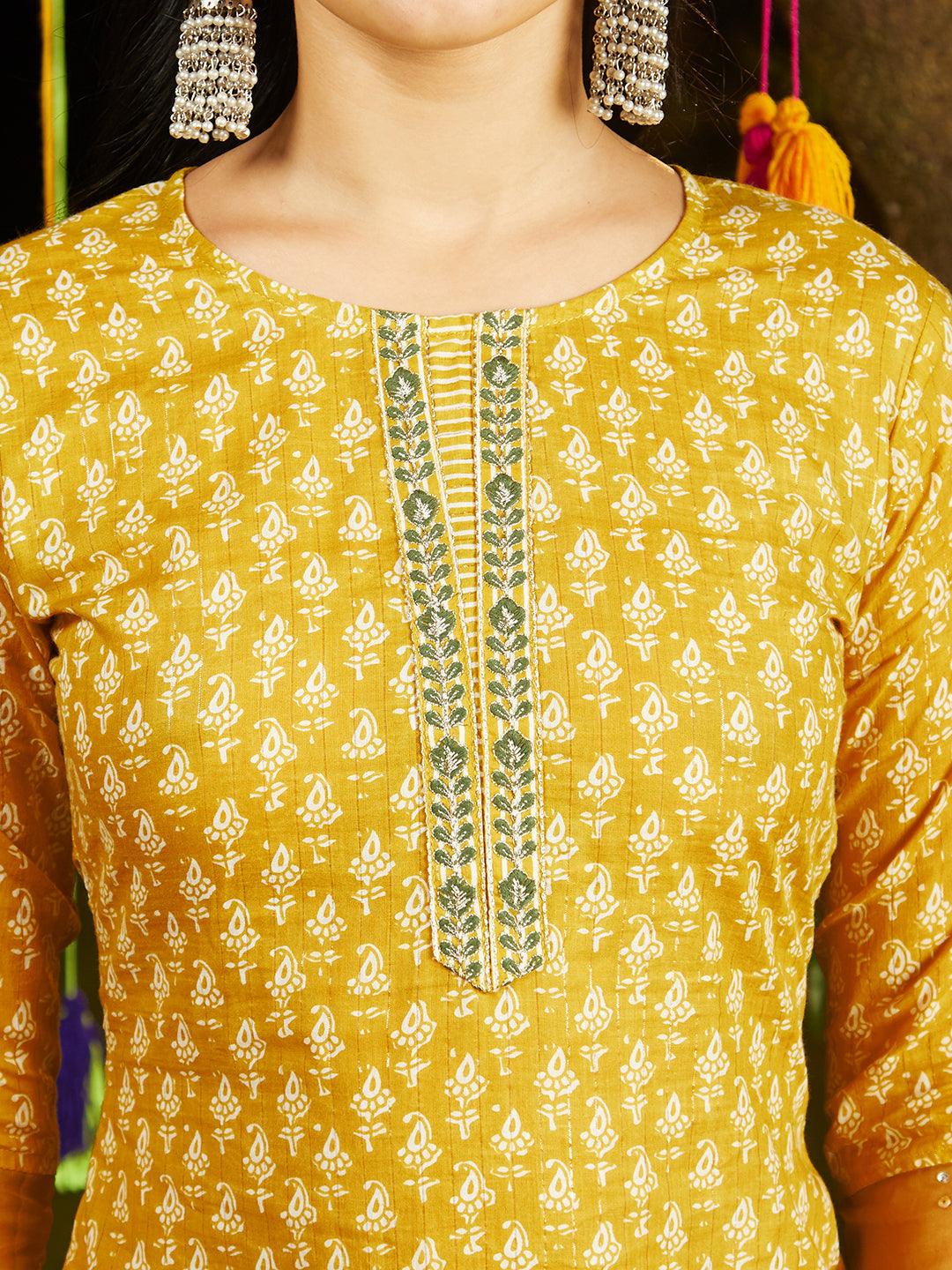 Ethnic Printed & Embroidered Kurta with Pants & Dupatta - Yellow - Indiakreations