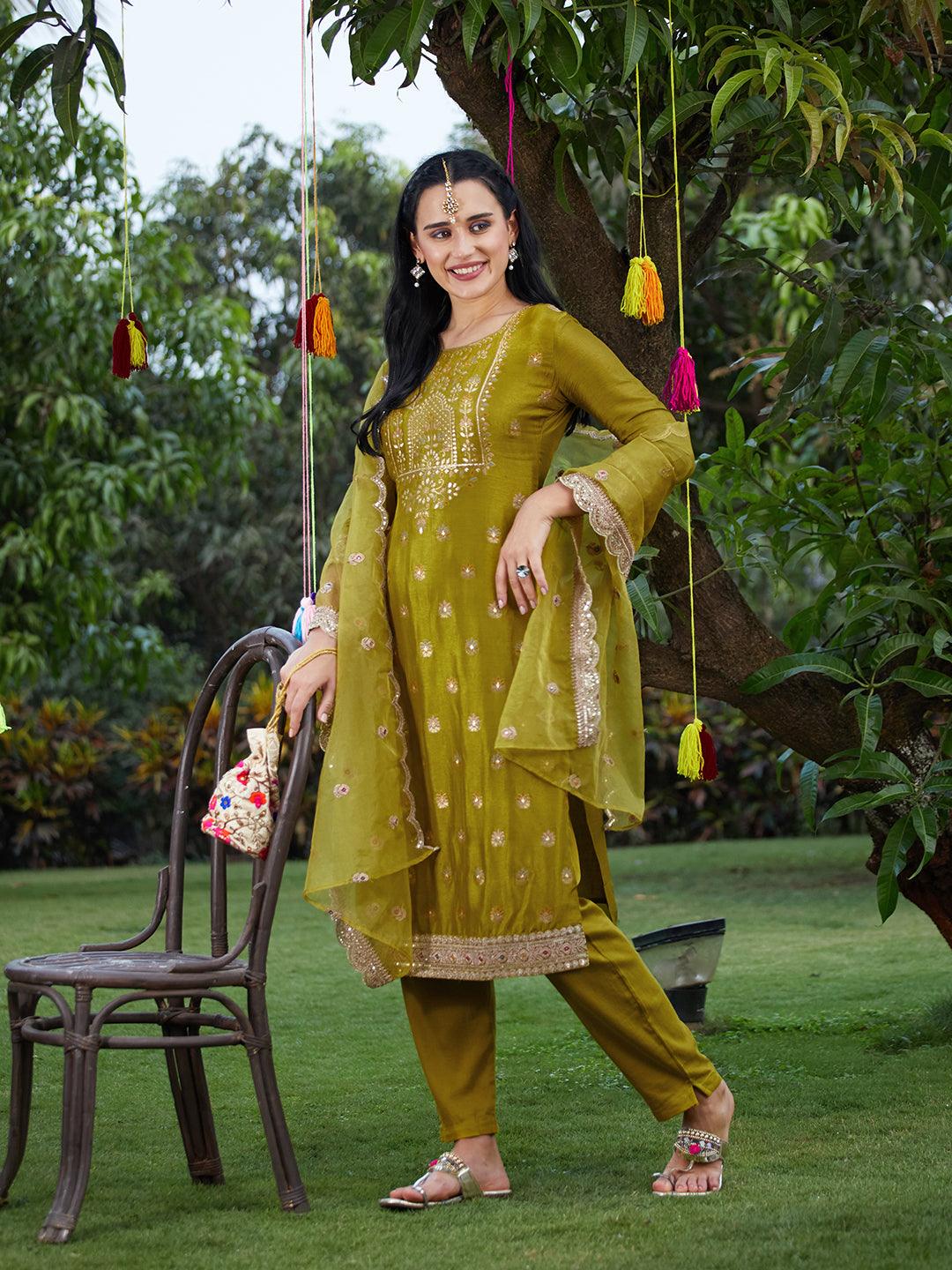 Solid Zari Embroidered Jacquard Kurta With Pants & Dupatta - Mustard Green - Indiakreations