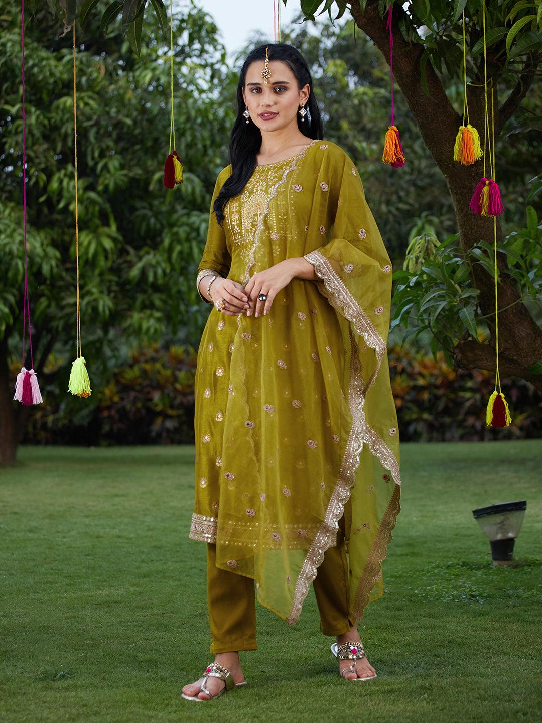 Solid Zari Embroidered Jacquard Kurta With Pants & Dupatta - Mustard Green - Indiakreations