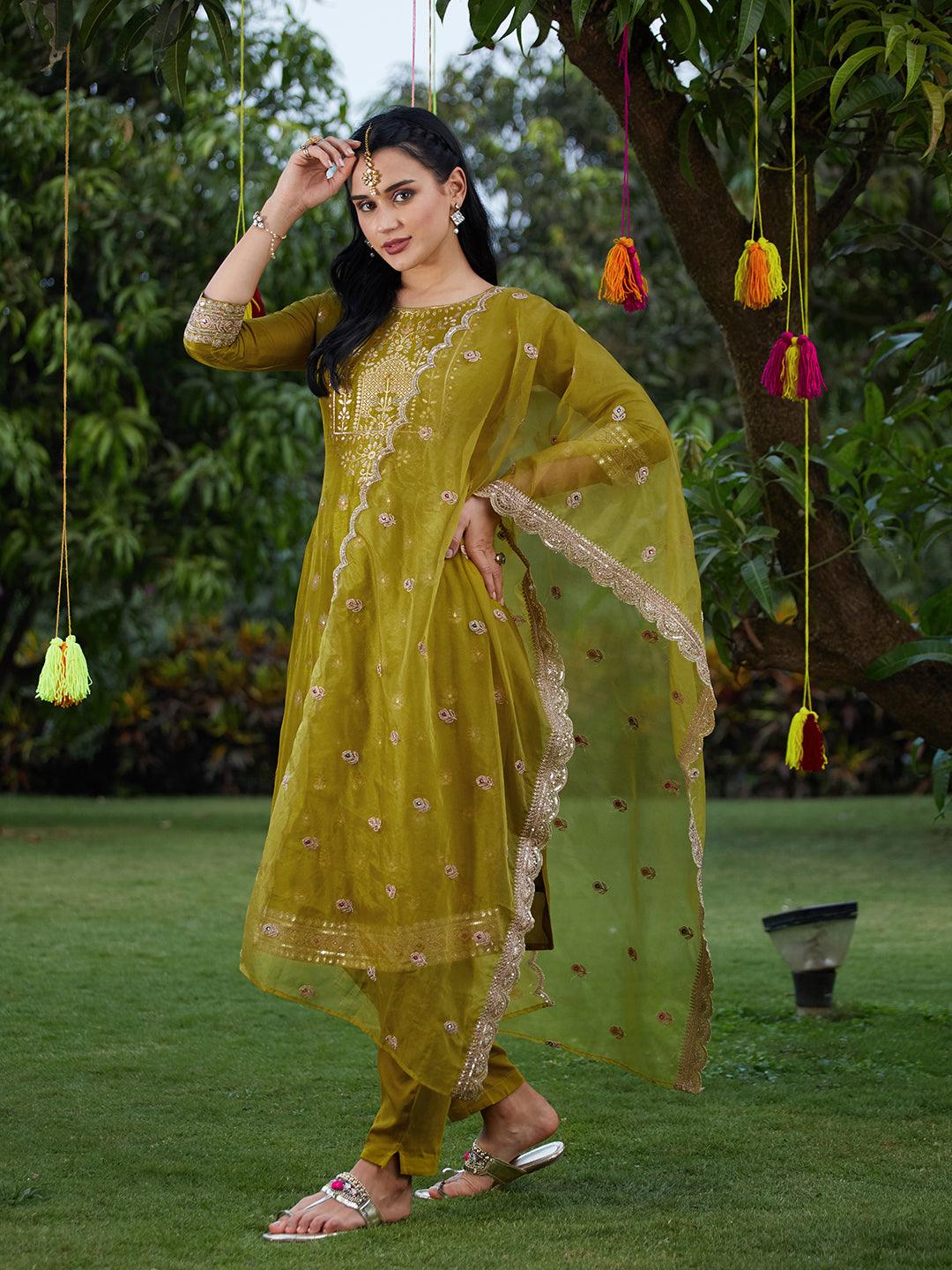 Solid Zari Embroidered Jacquard Kurta With Pants & Dupatta - Mustard Green - Indiakreations