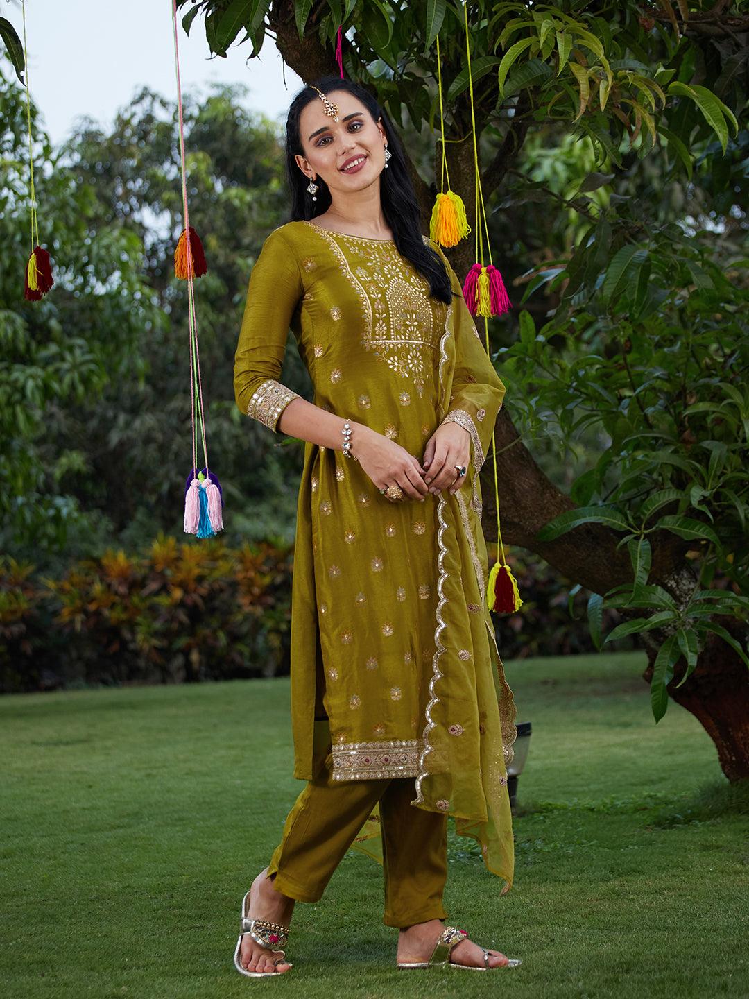 Solid Zari Embroidered Jacquard Kurta With Pants & Dupatta - Mustard Green - Indiakreations