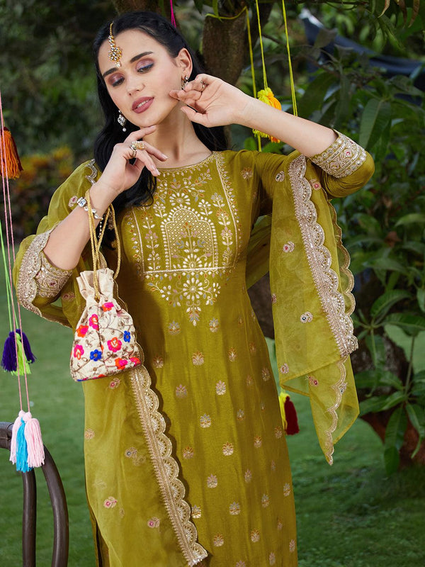 Solid Zari Embroidered Jacquard Kurta With Pants & Dupatta - Mustard Green - Indiakreations