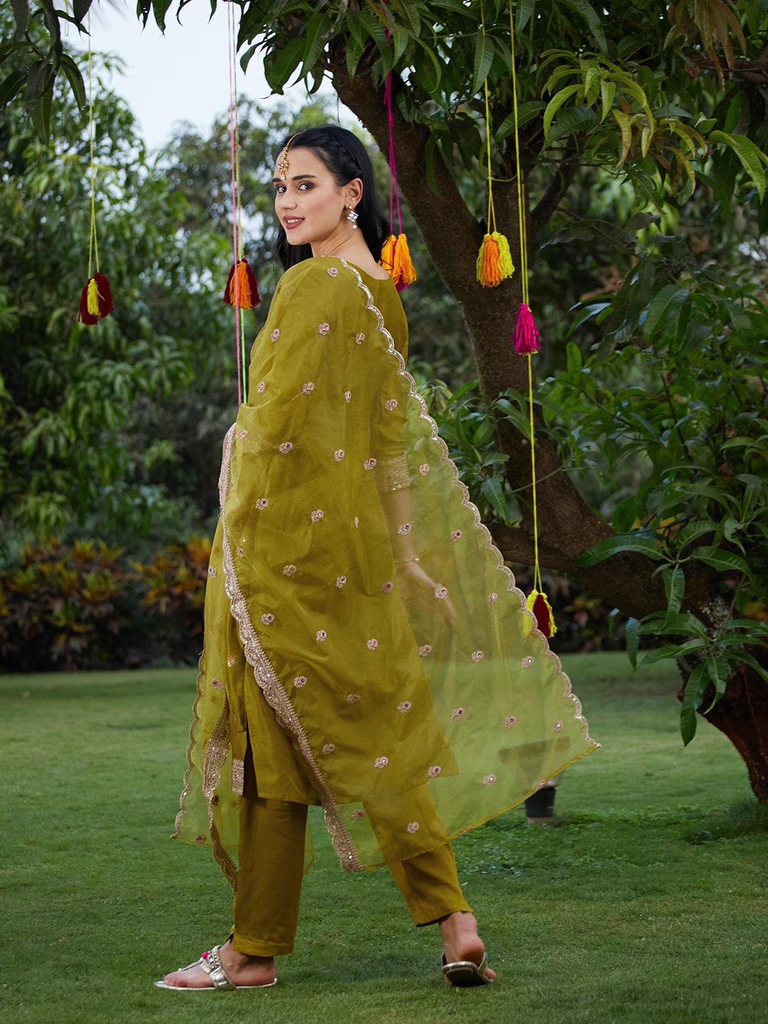 Solid Zari Embroidered Jacquard Kurta With Pants & Dupatta - Mustard Green - Indiakreations