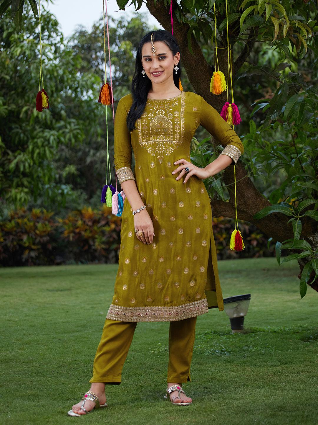 Solid Zari Embroidered Jacquard Kurta With Pants & Dupatta - Mustard Green - Indiakreations