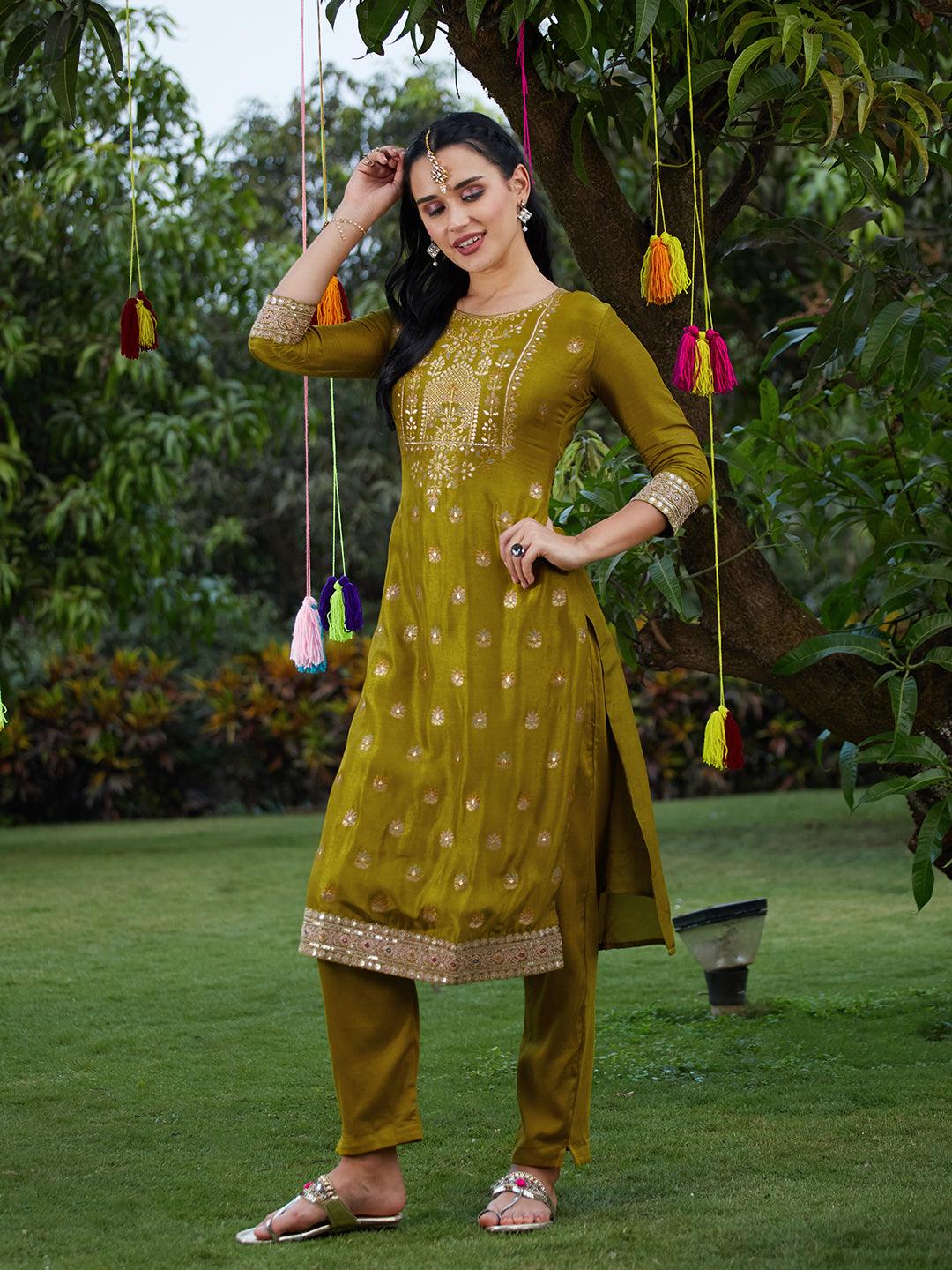 Solid Zari Embroidered Jacquard Kurta With Pants & Dupatta - Mustard Green - Indiakreations