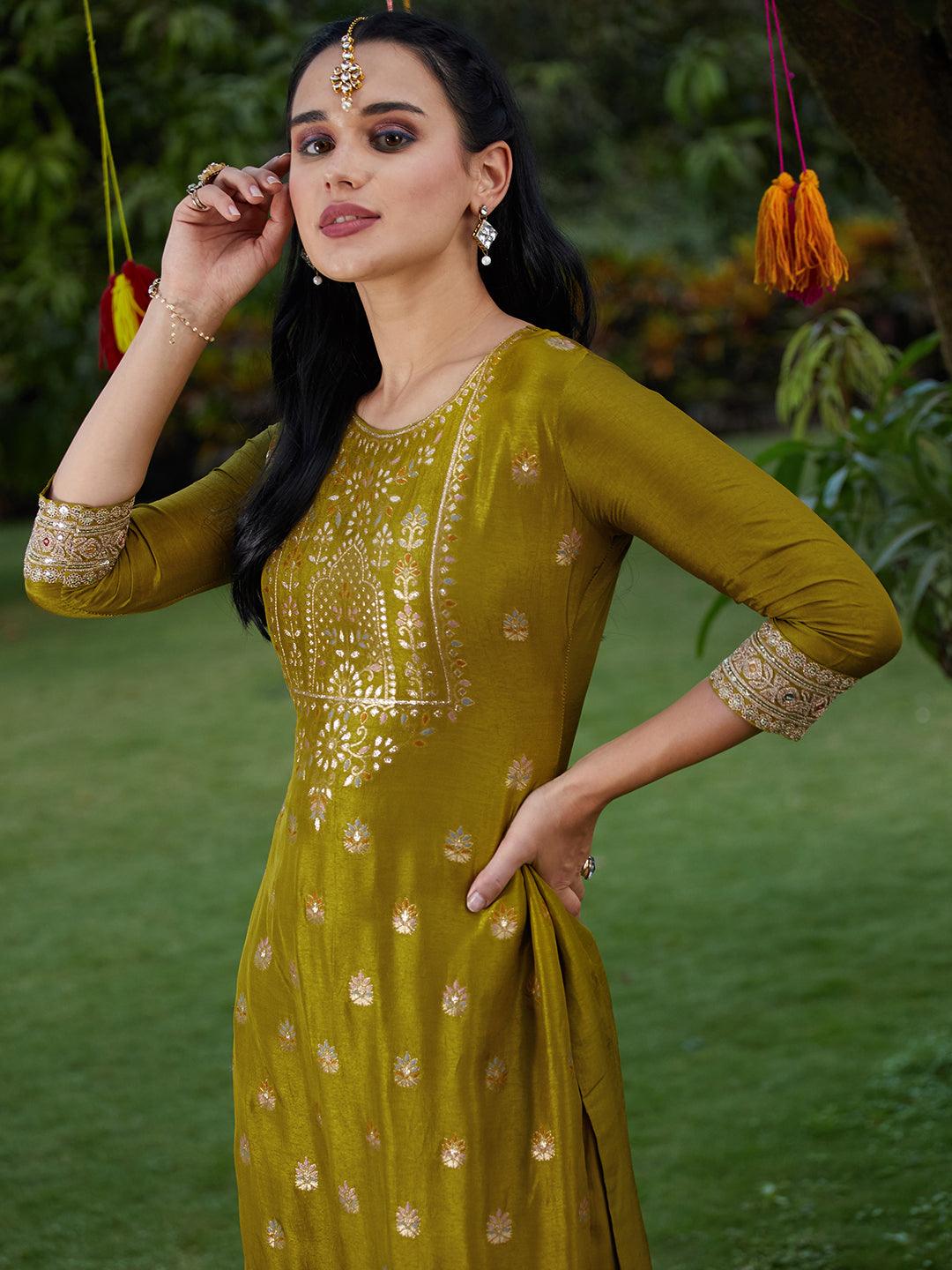 Solid Zari Embroidered Jacquard Kurta With Pants & Dupatta - Mustard Green - Indiakreations