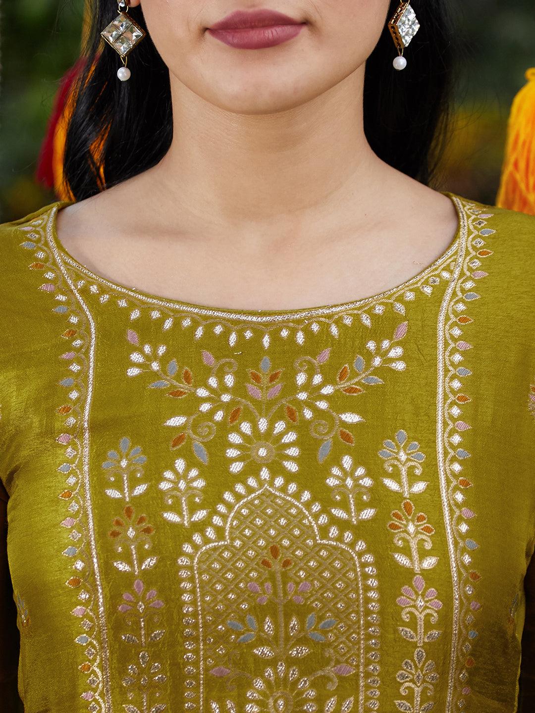 Solid Zari Embroidered Jacquard Kurta With Pants & Dupatta - Mustard Green - Indiakreations