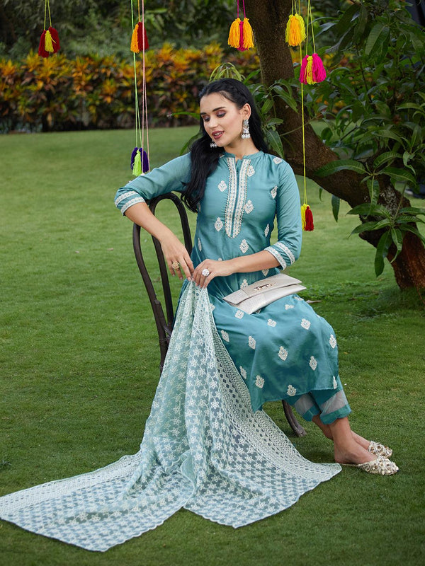 Floral Embroidered Solid Straight Kurta with Pant & Dupatta - Turquoise Blue - Indiakreations