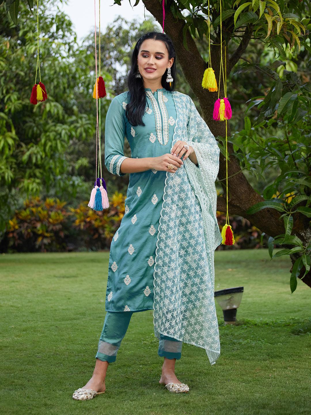 Floral Embroidered Solid Straight Kurta with Pant & Dupatta - Turquoise Blue - Indiakreations