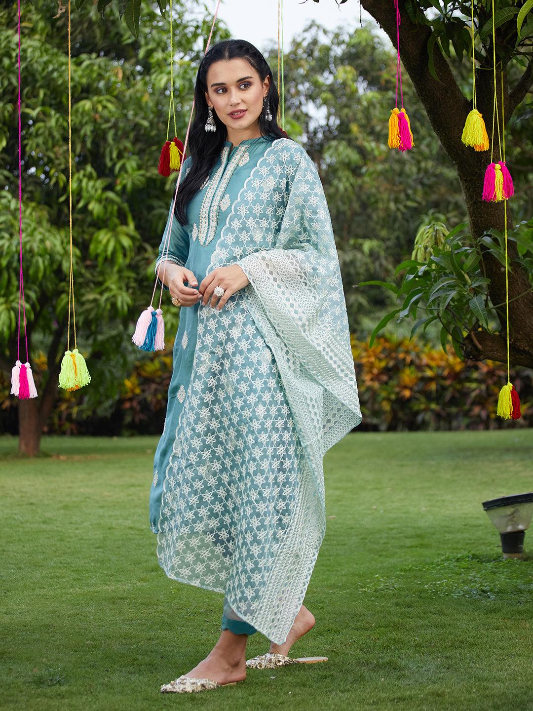 Floral Embroidered Solid Straight Kurta with Pant & Dupatta - Turquoise Blue - Indiakreations