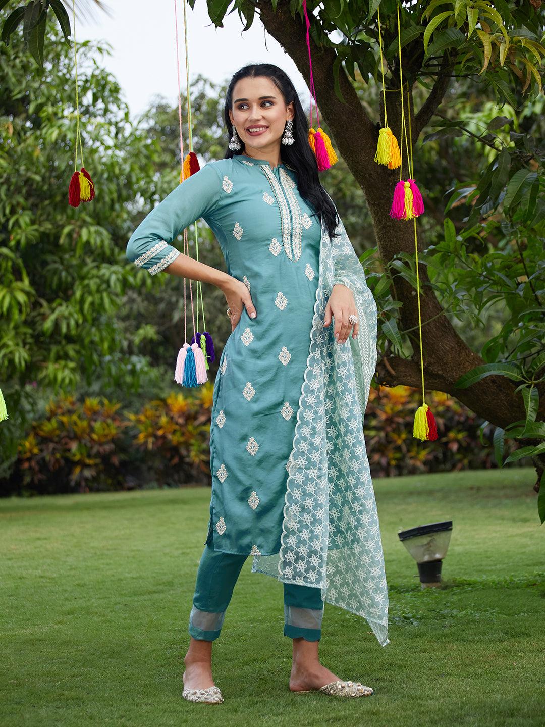 Floral Embroidered Solid Straight Kurta with Pant & Dupatta - Turquoise Blue - Indiakreations