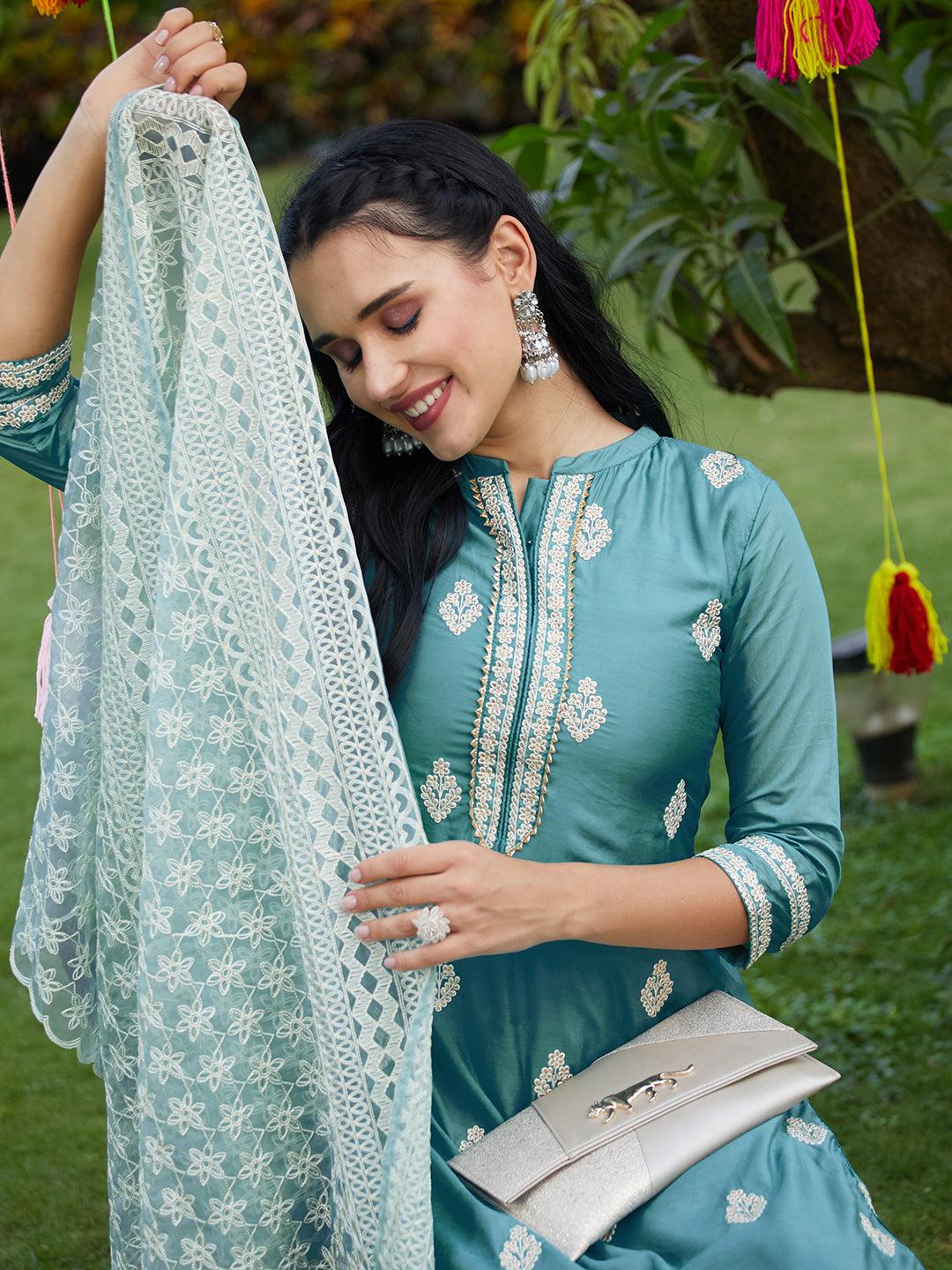 Floral Embroidered Solid Straight Kurta with Pant & Dupatta - Turquoise Blue - Indiakreations